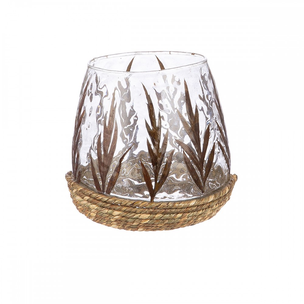 Φανάρι Καταιγίδας Conical "Greenery" Leaf Design Γυάλινο Πράσινο PU 4 H. 11 cm D. 11 cm