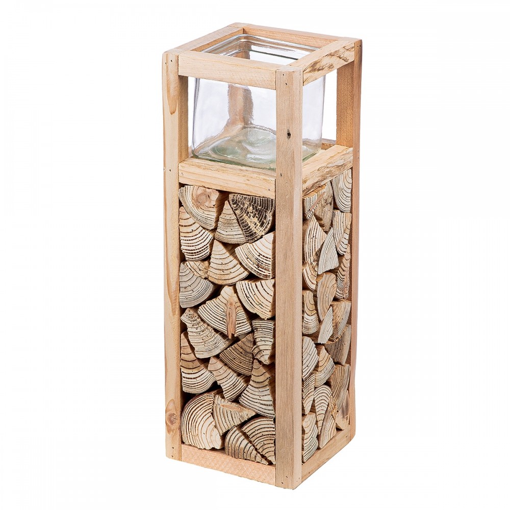 Φανάρι Καταιγίδας "Catasta" Γυάλινο Ξύλο Ecru PU 14x14x40cm