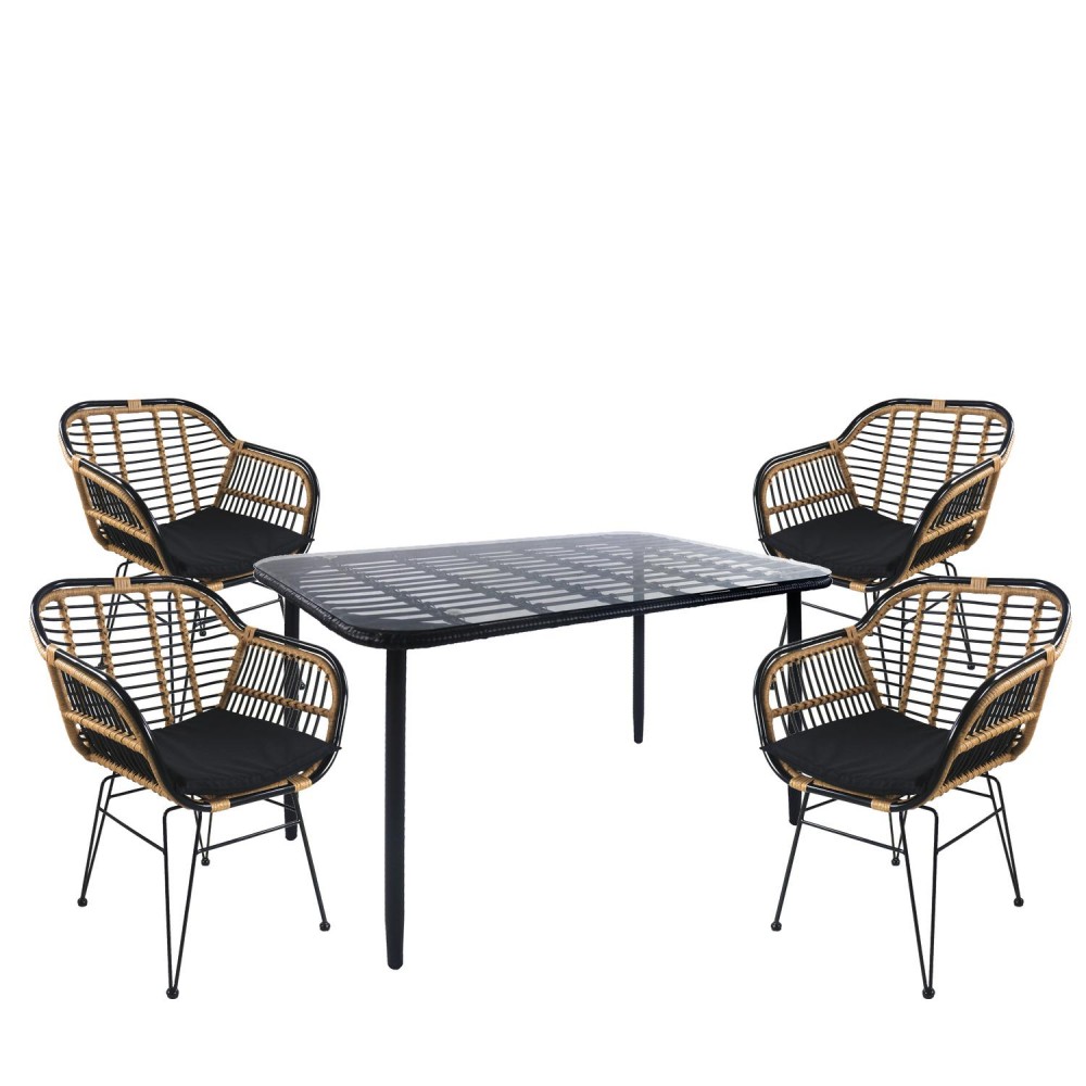 Σετ Τραπεζαρία Κήπου ArteLibre ANNIUS Μαύρο Μέταλλο/Rattan/Γυαλί Με 4 Καρέκλες 14990366
