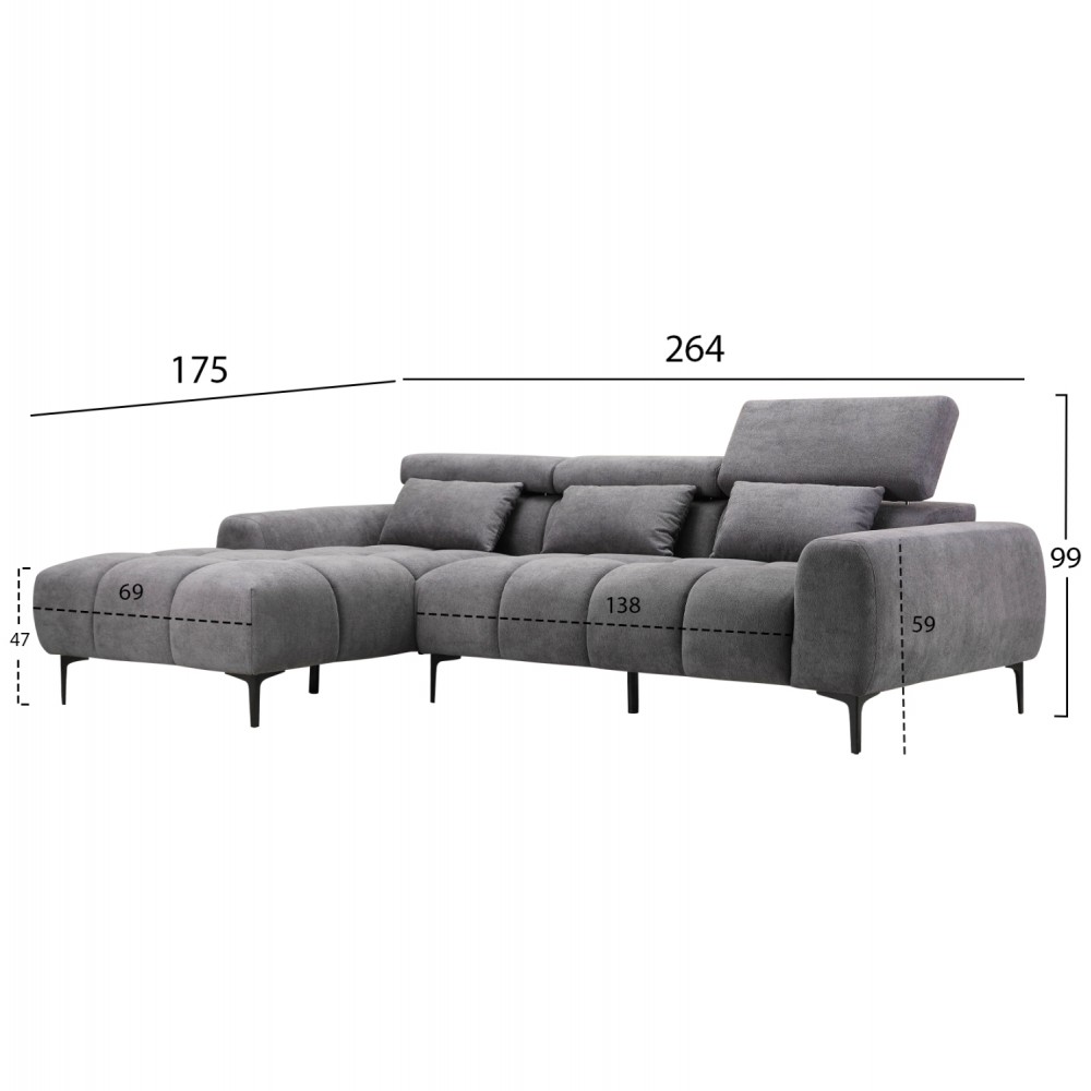ΚΑΝΑΠΕΣ ΑΡΙΣΤΕΡΗ ΓΩΝΙΑ DIVYA HM3267.12L ΓΚΡΙ ΥΦΑΣΜΑ 264x175x99Υεκ.