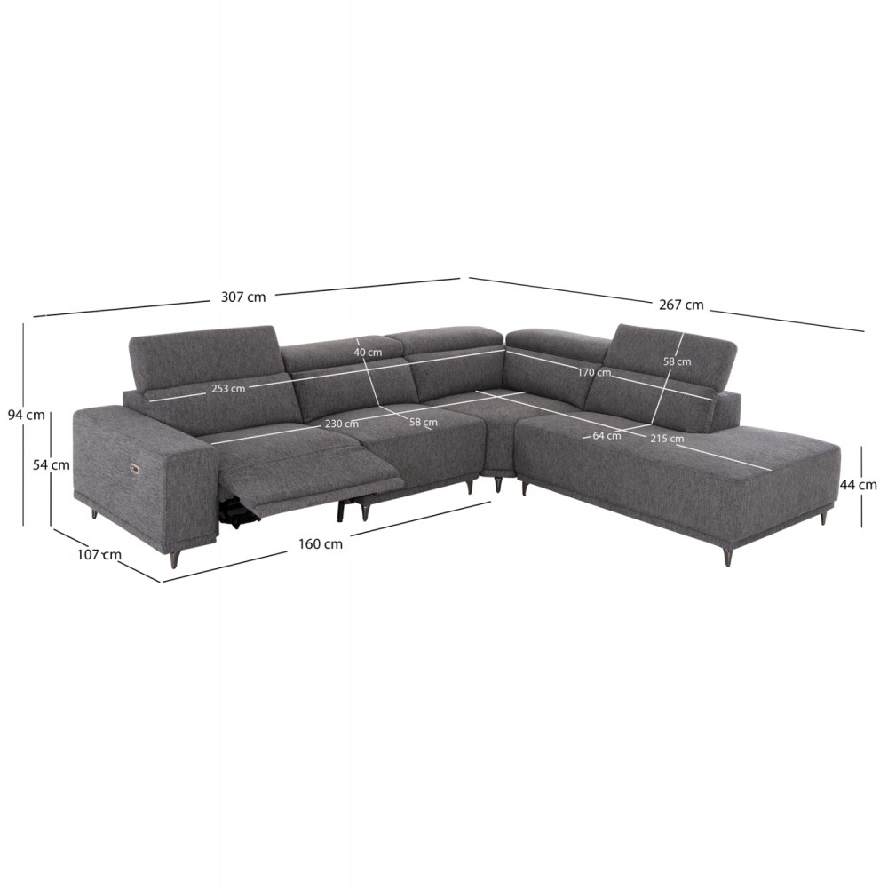 ΚΑΝΑΠΕΣ ΔΕΞΙΑ ΓΩΝΙΑ 5Θ ΜΕ RECLINE LUNARIS HM3316.01R ΓΚΡΙ ΥΦΑΣΜΑ 307x267x94Yεκ