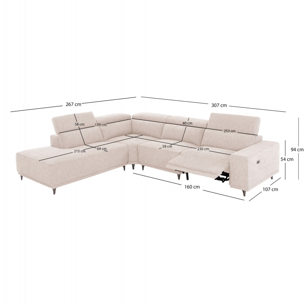 ΚΑΝΑΠΕΣ ΑΡΙΣΤΕΡΗ ΓΩΝΙΑ 5Θ ΜΕ RECLINE LUNARIS HM3316.02L ΕΚΡΟΥ ΥΦΑΣΜΑ 307x267x94Yεκ