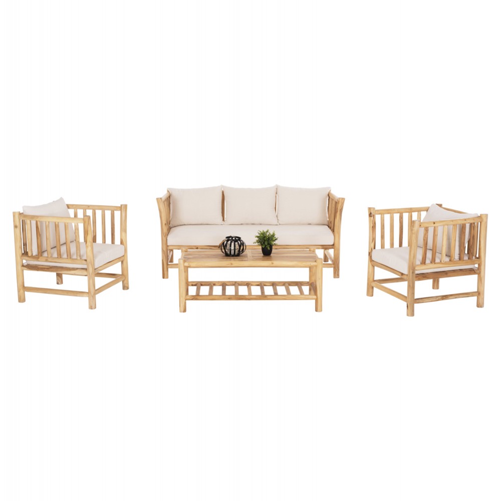 ΣΕΤ ΣΑΛΟΝΙ 4ΤΜΧ EDDARD HM9340.25 ΑΠΟ ΜΑΣΙΦ ΞΥΛΟ TEAK  ΦΥΣΙΚΟ - ΛΕΥΚΟ