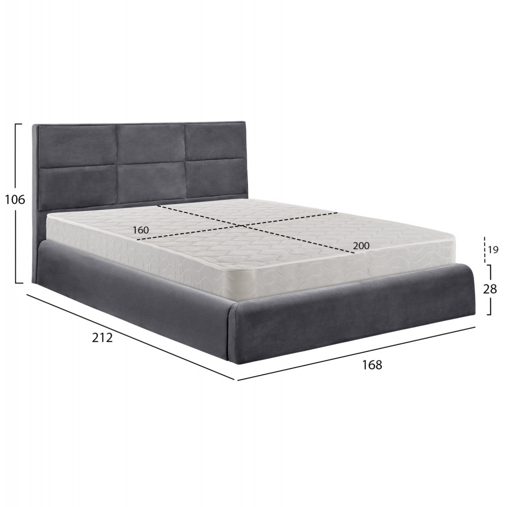 ΚΡΕΒΑΤΙ ΔΙΠΛΟ & ΣΤΡΩΜΑ BRILEY HM21272.01 ΓΚΡΙ ΒΕΛΟΥΔΟ ΜΕ ΑΠΟΘ.ΧΩΡΟ--ΓΙΑ 160x200εκ