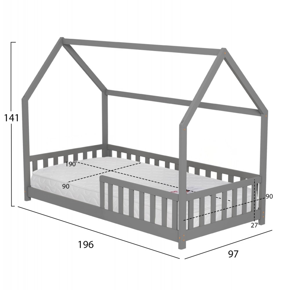 ΚΡΕΒΑΤΙ ΠΑΙΔΙΚΟ ΜΕ ΣΤΡΩΜΑ PHYLLIS HM21304.02 ΞΥΛΟ ΠΕΥΚΟΥ ΣΕ ΓΚΡΙ--ΣΤΡΩΜΑ 90x190εκ