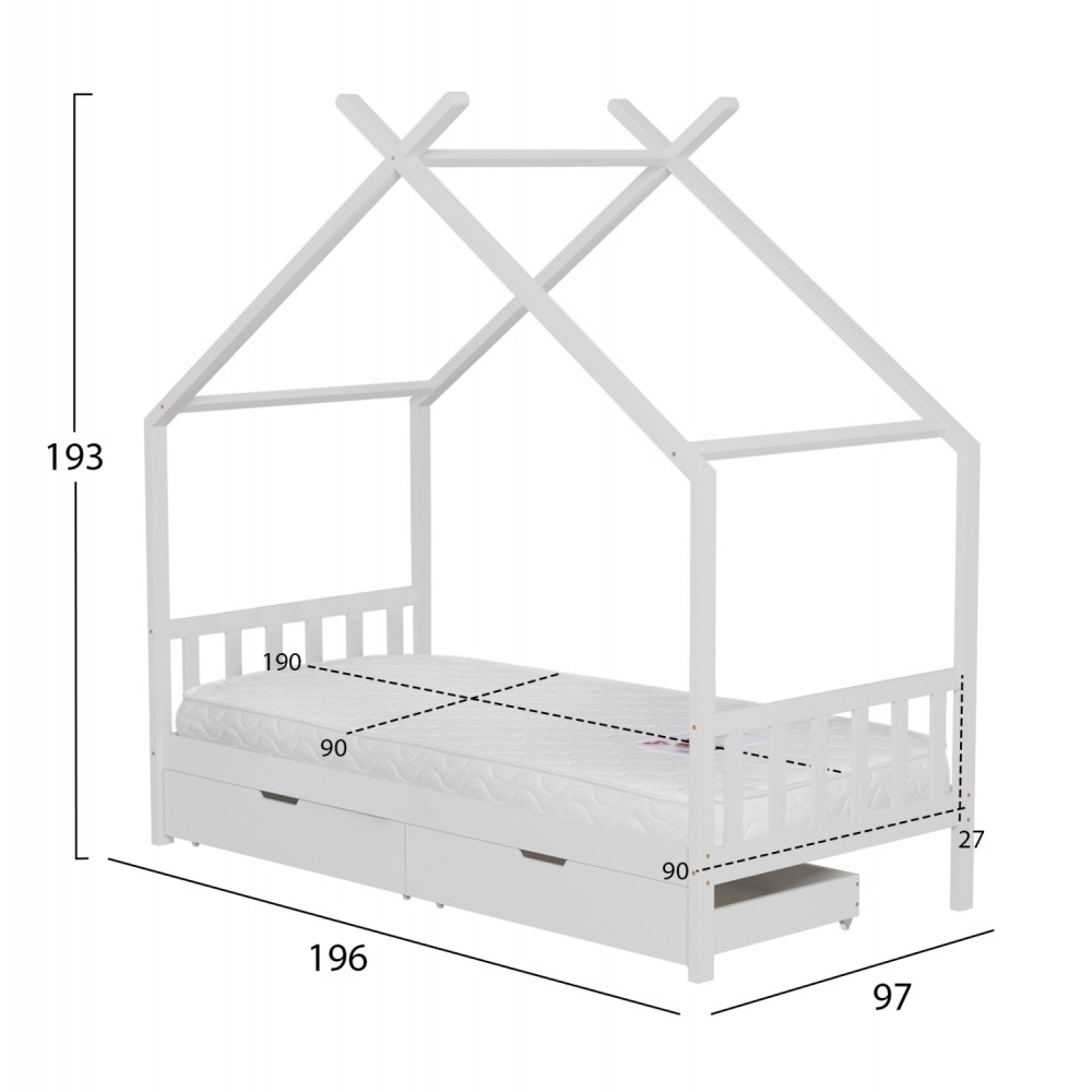 ΚΡΕΒΑΤΙ ΠΑΙΔΙΚΟ ΜΕ ΣΤΡΩΜΑ KLARICE HM21305.01 ΞΥΛΟ ΠΕΥΚΟΥ ΣΕ ΛΕΥΚΟ--ΣΤΡΩΜΑ 90x190εκ