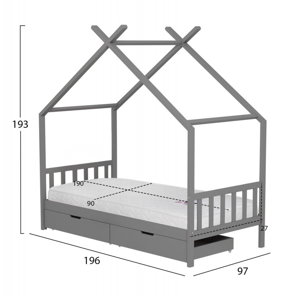 ΚΡΕΒΑΤΙ ΠΑΙΔΙΚΟ ΜΕ ΣΤΡΩΜΑ KLARICE HM21305.02 ΞΥΛΟ ΠΕΥΚΟΥ ΣΕ ΓΚΡΙ--ΣΤΡΩΜΑ 90x190εκ