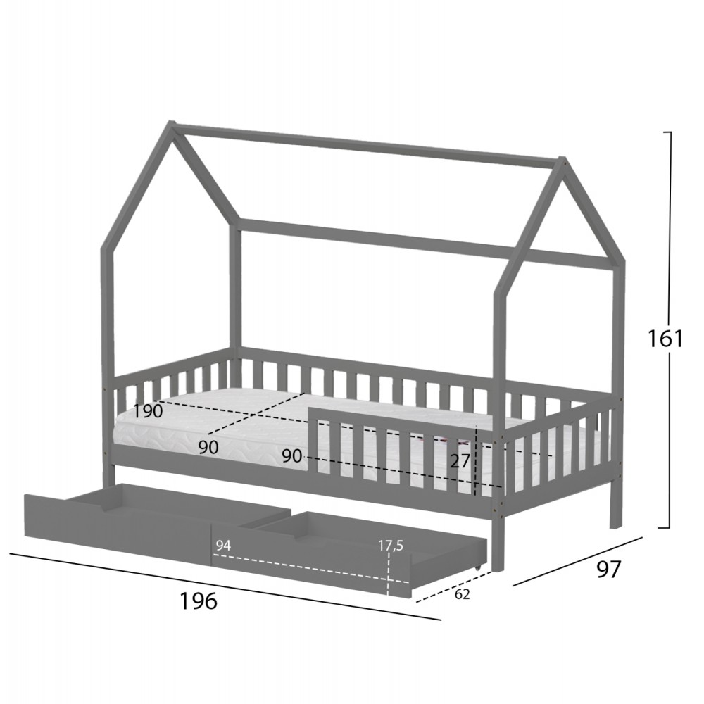 ΚΡΕΒΑΤΙ ΠΑΙΔΙΚΟ ΜΕ ΣΥΡΤΑΡΙΑ PHYLLIS HM21324.02 ΞΥΛΟ ΠΕΥΚΟΥ ΓΚΡΙ--ΜΕ ΣΤΡΩΜΑ 90x190εκ