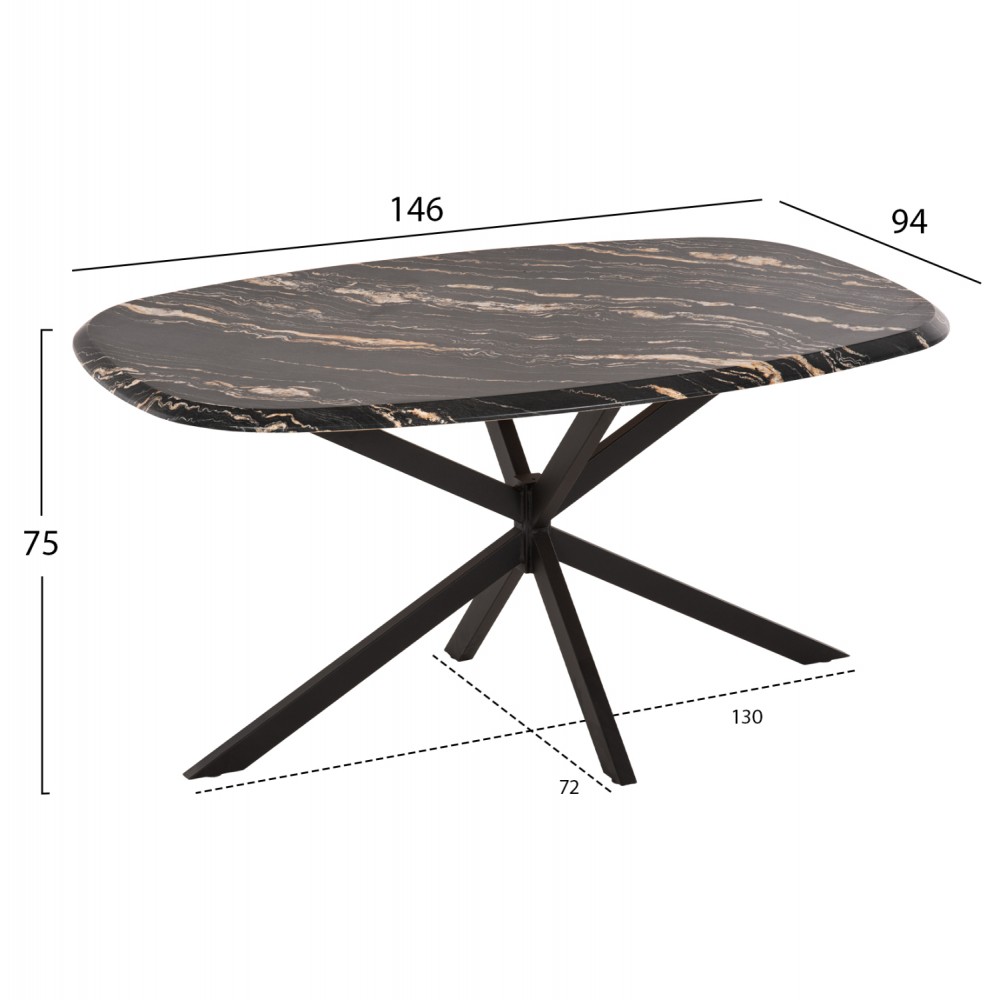 ΤΡΑΠΕΖΙ ΟΒΑΛ RODDEN HM11903.02 ΜΕ WERZALIT BLACK/GOLD MARBLE-ΜΑΥΡΗ ΒΑΣΗ 146x94x75Υεκ