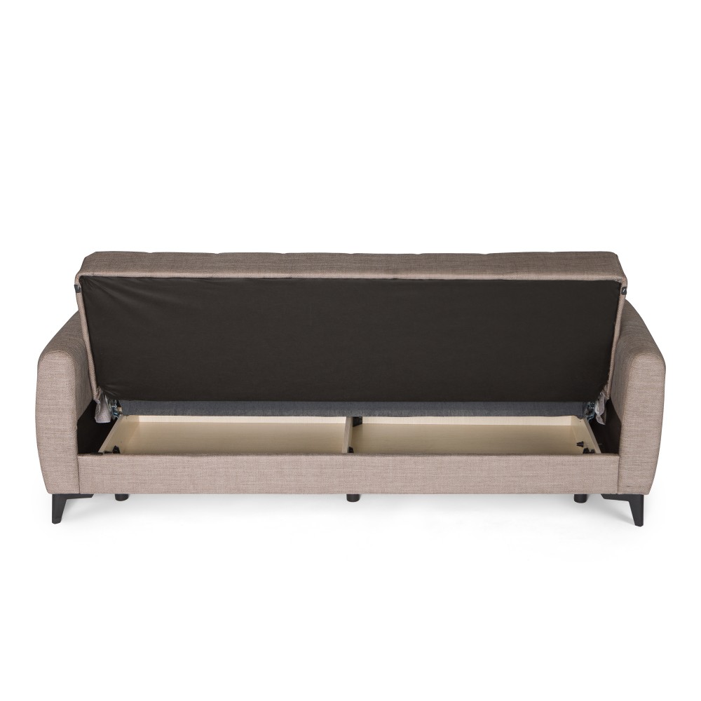 Καναπές-κρεβάτι με αποθηκευτικό χώρο τριθέσιος Milos μπεζ-καφε ύφασμα 210x78x85