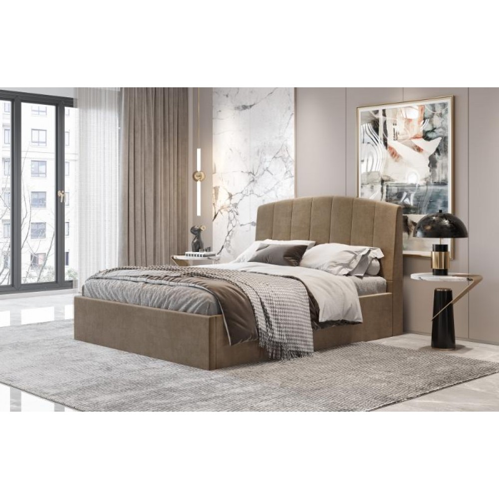 Κρεβάτι διπλό "BED6" από ύφασμα σε χρώμα κάμελ 160x200