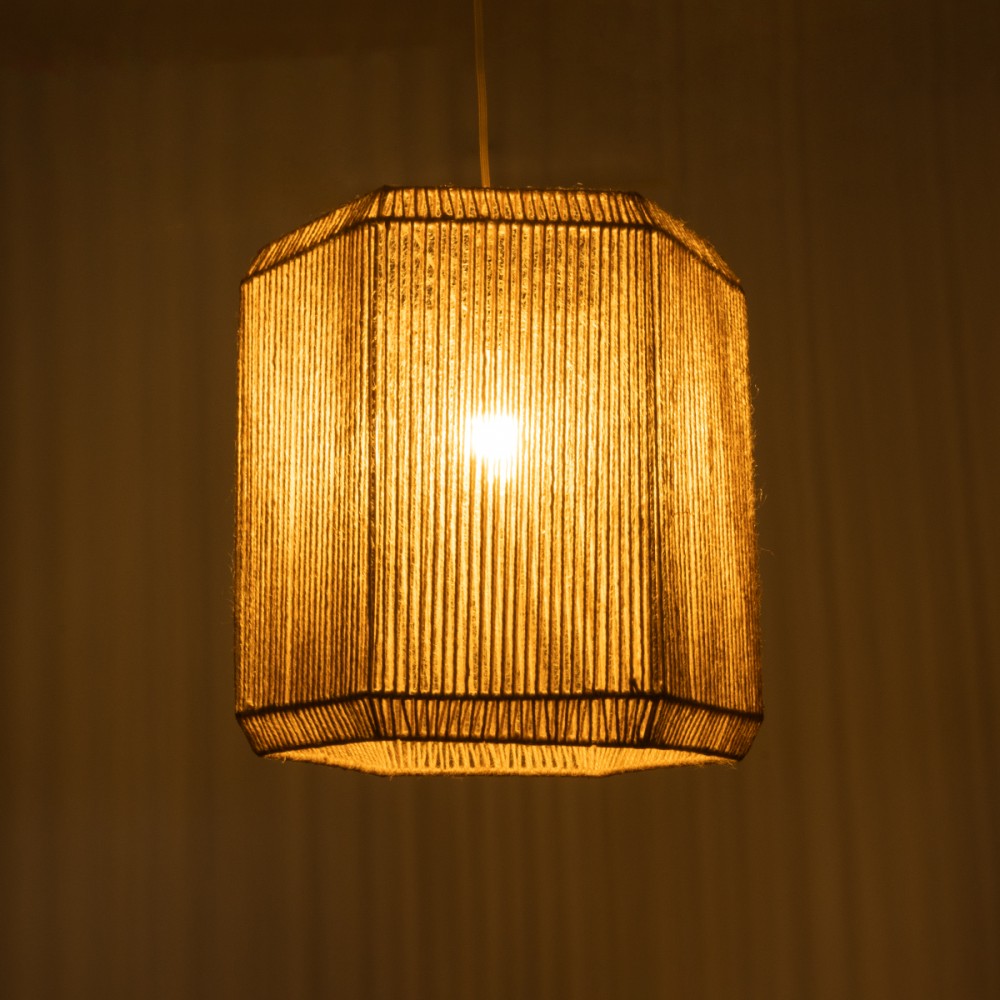 GloboStar® CAYMAN 00519 Boho Κρεμαστό Φωτιστικό Οροφής Μονόφωτο 1 x E27 AC220-240V IP20 - Φ40 x Υ40cm - Μπεζ Λεπτό Σχοινί Τριχιά Πλέγμα - 5 Χρόνια Εγγύηση
