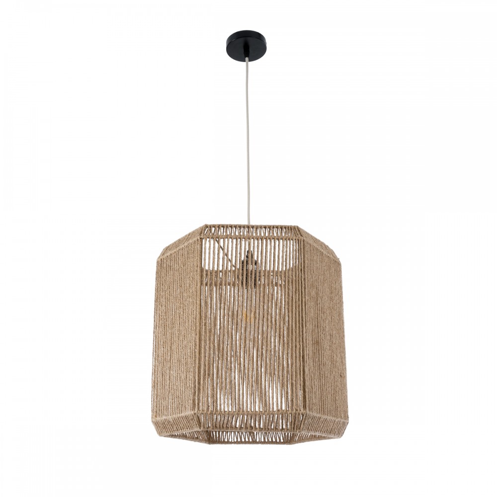 GloboStar® CAYMAN 00519 Boho Κρεμαστό Φωτιστικό Οροφής Μονόφωτο 1 x E27 AC220-240V IP20 - Φ40 x Υ40cm - Μπεζ Λεπτό Σχοινί Τριχιά Πλέγμα - 5 Χρόνια Εγγύηση