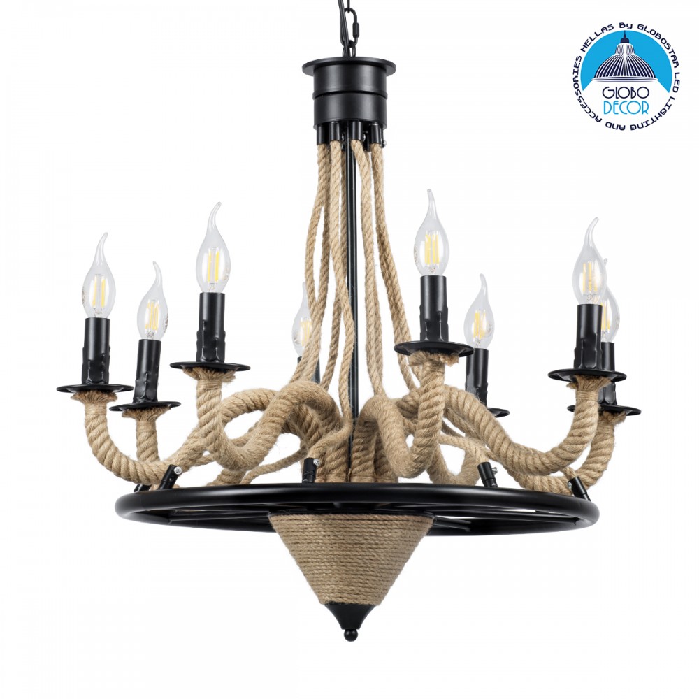GLOBOSTAR® PENNSYLVANIA 00542 Vintage Κρεμαστό Φωτιστικό Οροφής με Ντουί 8 x E14 AC 220-240V IP20 - Μαύρο & Μπεζ - Μ64 x Π64 x Υ63cm