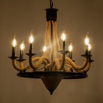 GloboStar® PENNSYLVANIA 00542 Vintage Κρεμαστό Φωτιστικό Οροφής Πολύφωτο 8 x E14 Μαύρο Μεταλλικό Πολυέλαιος με Μπεζ Σχοινί Φ64 x Y63cm