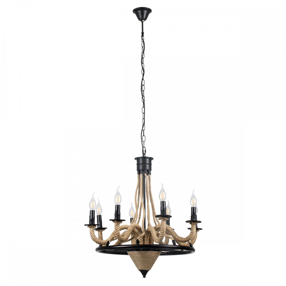 GloboStar® PENNSYLVANIA 00542 Vintage Κρεμαστό Φωτιστικό Οροφής Πολύφωτο 8 x E14 Μαύρο Μεταλλικό Πολυέλαιος με Μπεζ Σχοινί Φ64 x Y63cm