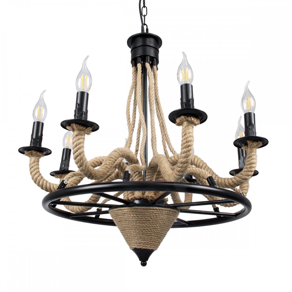 GloboStar® PENNSYLVANIA 00542 Vintage Κρεμαστό Φωτιστικό Οροφής Πολύφωτο 8 x E14 Μαύρο Μεταλλικό Πολυέλαιος με Μπεζ Σχοινί Φ64 x Y63cm