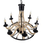 GloboStar® PENNSYLVANIA 00542 Vintage Κρεμαστό Φωτιστικό Οροφής Πολύφωτο 8 x E14 Μαύρο Μεταλλικό Πολυέλαιος με Μπεζ Σχοινί Φ64 x Y63cm