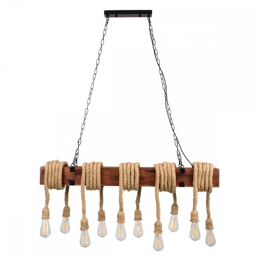 GloboStar® VIKING 00607 Vintage Κρεμαστό Φωτιστικό Οροφής Πολύφωτο 10 x E27 Σκούρο Καφέ Μεταλλικό Ξύλινο Ράγα Μ108 x Π11 x Υ96cm έως Y220cm max