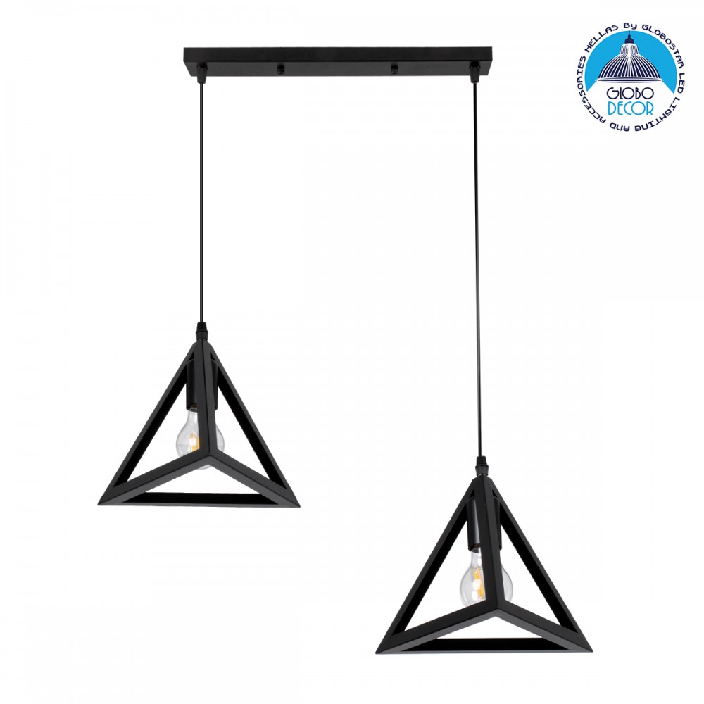 GloboStar® TRIANGLE 00611 Μοντέρνο Κρεμαστό Φωτιστικό Ράγα Δίφωτο 2 x E27 IP20 Μαύρο Μέταλλο - Μ60 x Π22 x Y130cm