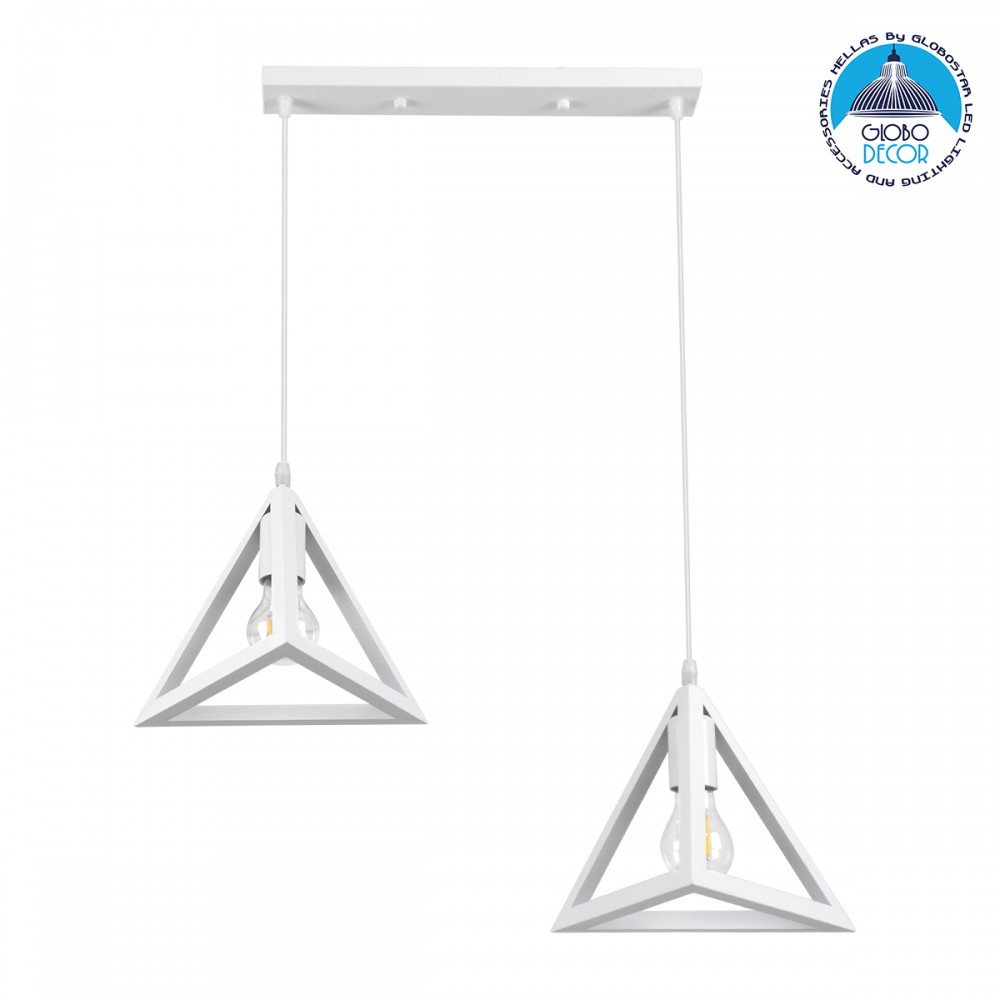 GloboStar® TRIANGLE 00612 Μοντέρνο Κρεμαστό Φωτιστικό Ράγα Δίφωτο 2 x E27 IP20 Λευκό Μέταλλο - Μ60 x Π22 x Y130cm