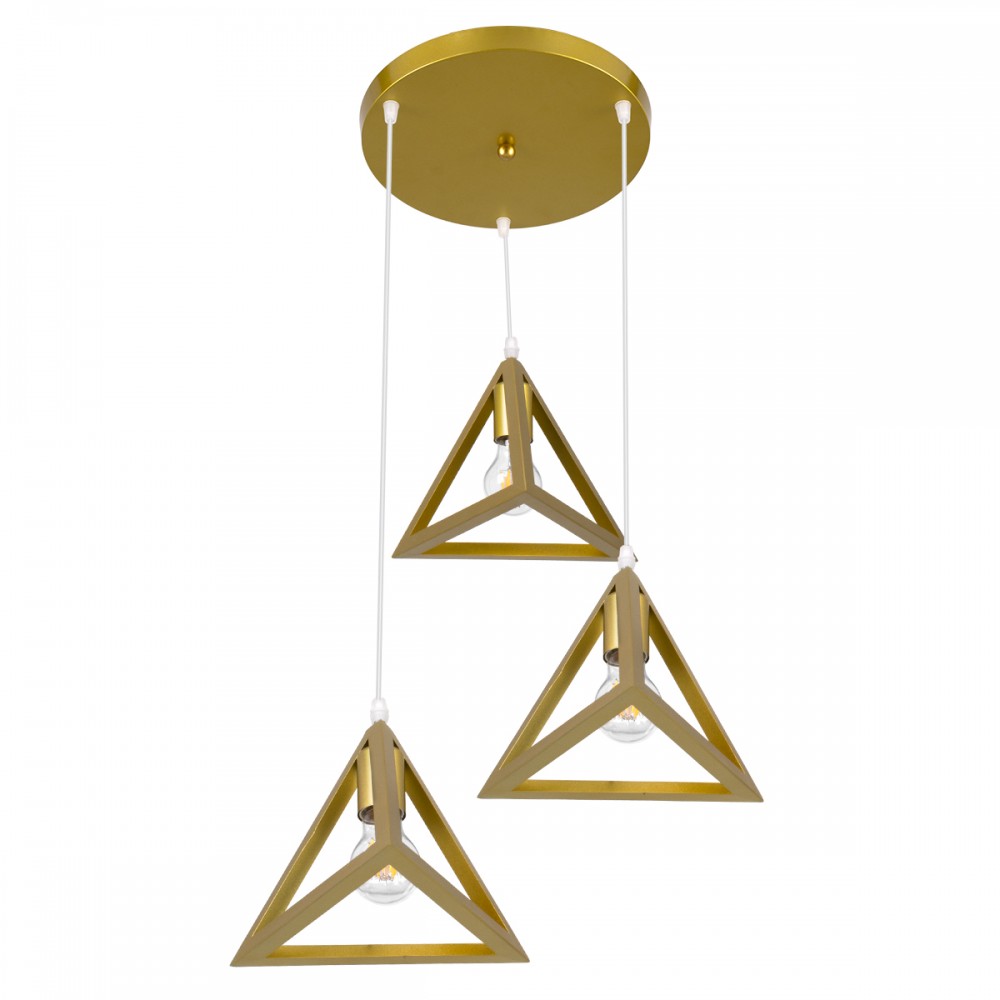 GloboStar® TRIANGLE 00620 Μοντέρνο Κρεμαστό Φωτιστικό Οροφής Τρίφωτο 3 x E27 Χρυσό Μεταλλικό Πλέγμα Φ49 x Y130cm