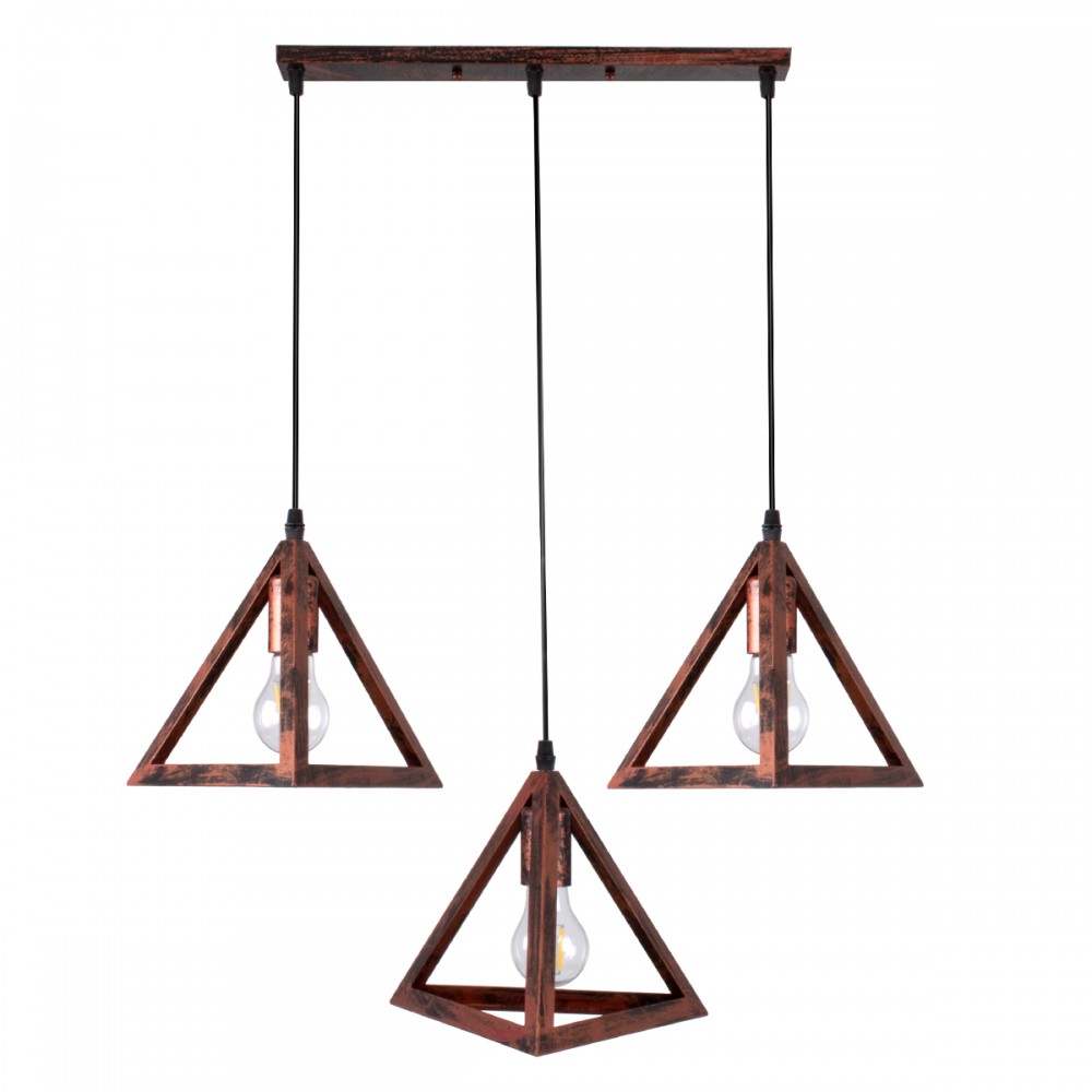 GloboStar® TRIANGLE 00623 Μοντέρνο Κρεμαστό Φωτιστικό Οροφής Τρίφωτο 3 x E27 Χάλκινο Μεταλλικό Πλέγμα Μ70 x Π22 x Y130cm