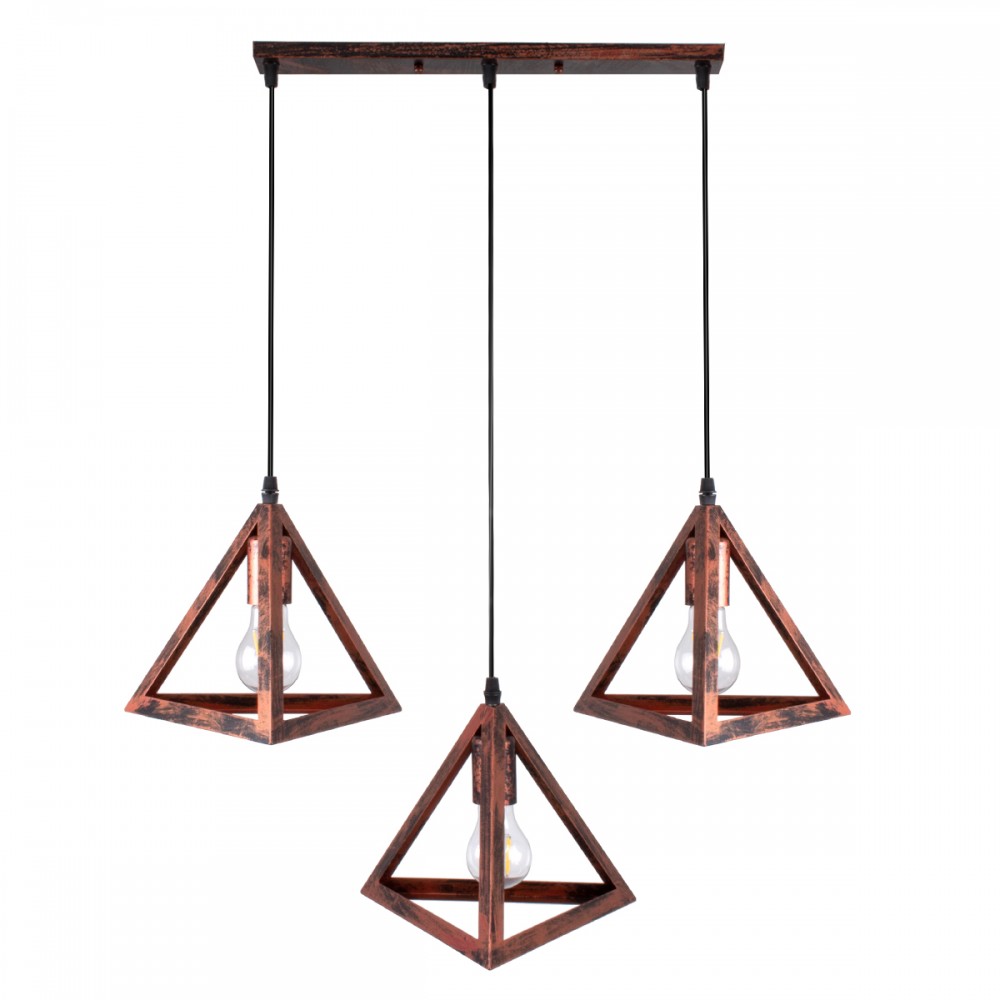 GloboStar® TRIANGLE 00623 Μοντέρνο Κρεμαστό Φωτιστικό Οροφής Τρίφωτο 3 x E27 Χάλκινο Μεταλλικό Πλέγμα Μ70 x Π22 x Y130cm
