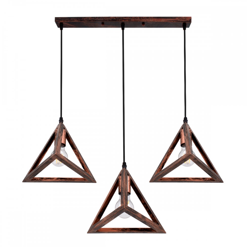 GloboStar® TRIANGLE 00623 Μοντέρνο Κρεμαστό Φωτιστικό Οροφής Τρίφωτο 3 x E27 Χάλκινο Μεταλλικό Πλέγμα Μ70 x Π22 x Y130cm