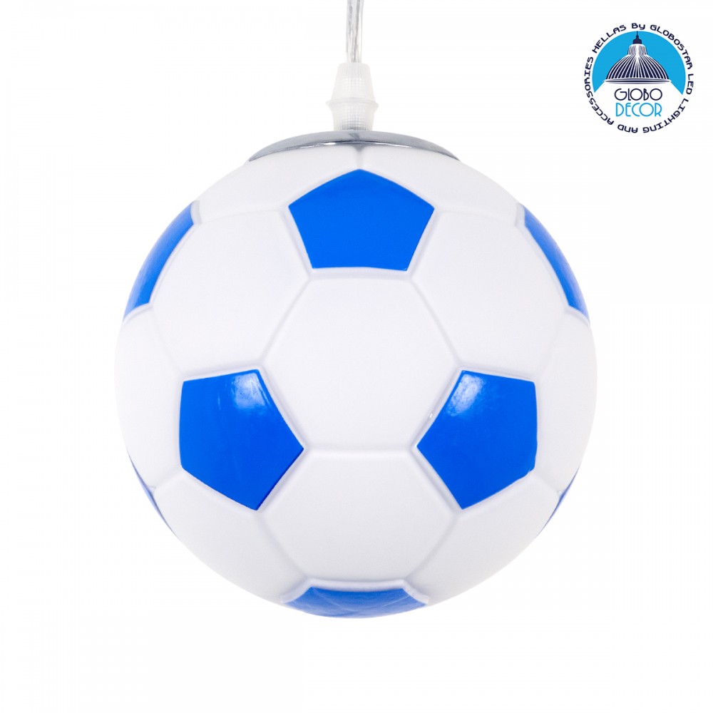 GloboStar® FOOTBALL 00644 Παιδικό Κρεμαστό Φωτιστικό Μπάλα Μονόφωτο 1 x E27 IP20 Λευκό & Μπλε Γυαλί - Μ15 x Π15 x Y18cm