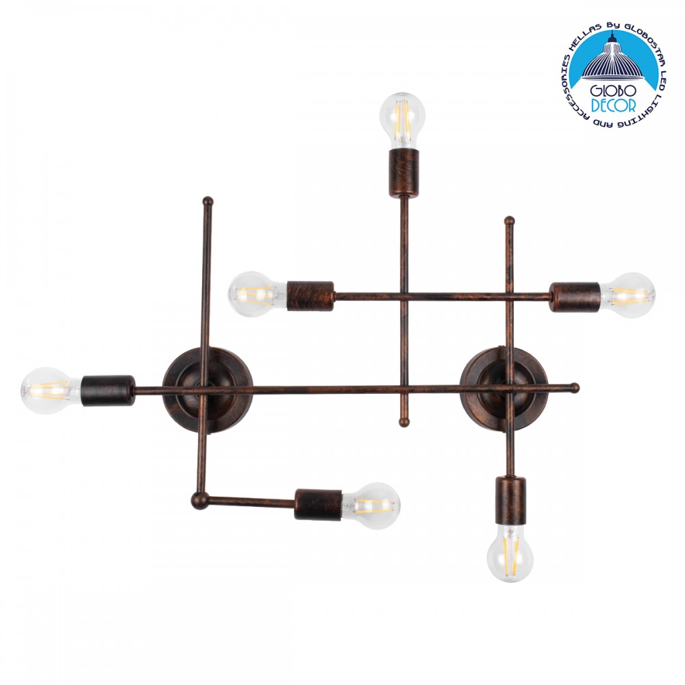 GloboStar® PIPING 00665 Vintage Επιτοίχιο Φωτιστικό Πολύφωτο 6 x E27 IP20 Χάλκινο Μέταλλο - Μ66 x Π9.5 x Υ49cm