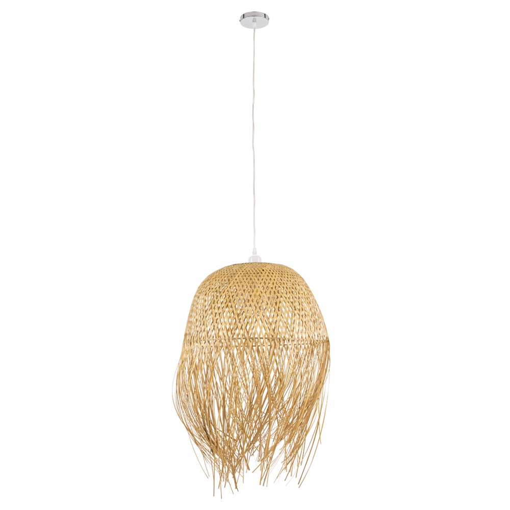 GloboStar® MANILA 00713 Vintage Κρεμαστό Φωτιστικό Οροφής Μονόφωτο 1 x E27 Μπέζ Ξύλινο Ψάθινο Μπαμπού Καμπάνα Φ50 x Y70cm