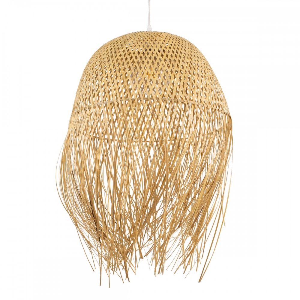 GloboStar® MANILA 00713 Vintage Κρεμαστό Φωτιστικό Οροφής Μονόφωτο 1 x E27 Μπέζ Ξύλινο Ψάθινο Μπαμπού Καμπάνα Φ50 x Y70cm