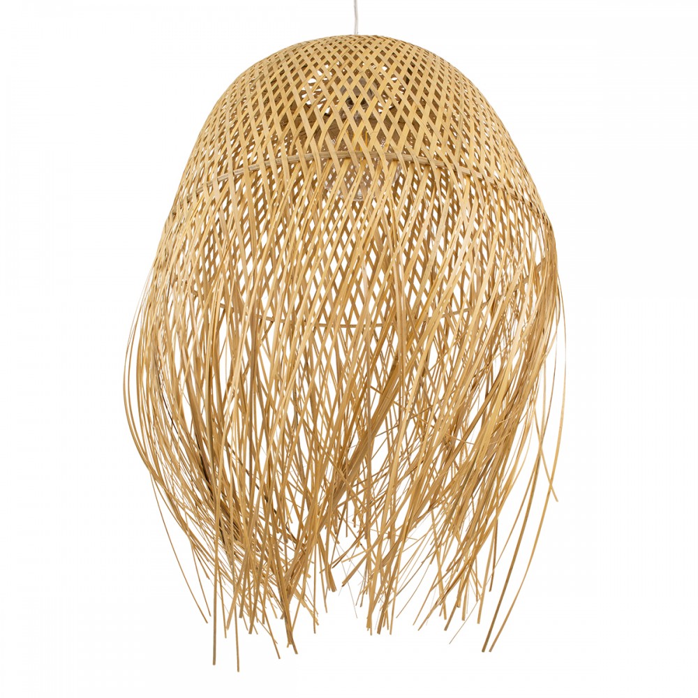GloboStar® MANILA 00713 Vintage Κρεμαστό Φωτιστικό Οροφής Μονόφωτο 1 x E27 Μπέζ Ξύλινο Ψάθινο Μπαμπού Καμπάνα Φ50 x Y70cm