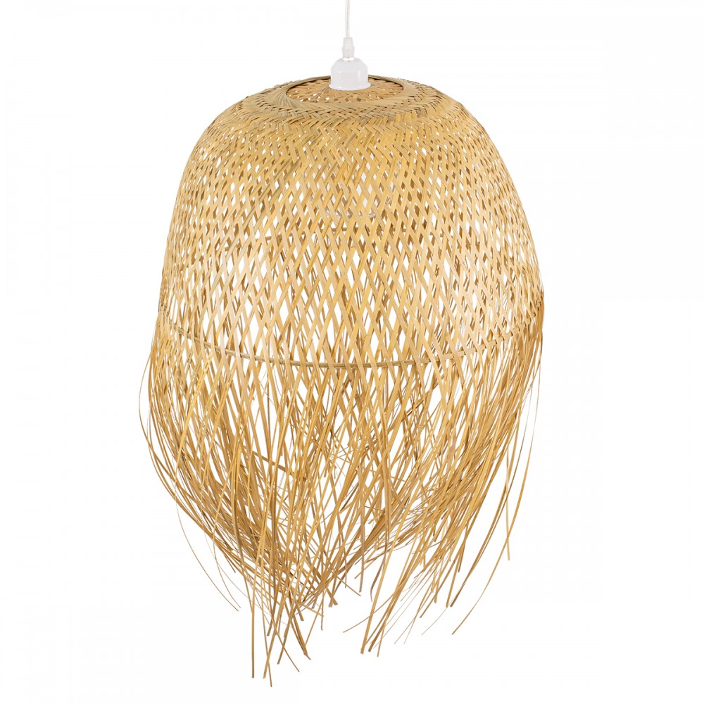 GloboStar® MANILA 00713 Vintage Κρεμαστό Φωτιστικό Οροφής Μονόφωτο 1 x E27 Μπέζ Ξύλινο Ψάθινο Μπαμπού Καμπάνα Φ50 x Y70cm