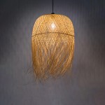 GloboStar® MANILA 00713 Vintage Κρεμαστό Φωτιστικό Οροφής Μονόφωτο 1 x E27 Μπέζ Ξύλινο Ψάθινο Μπαμπού Καμπάνα Φ50 x Y70cm