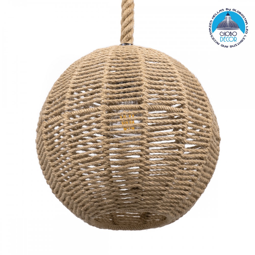GloboStar® MANDALA 00731 Boho Κρεμαστό Φωτιστικό Πλέγμα Μονόφωτο 1 x E27 IP20 Μπεζ Σχοινί - Μ30 x Π30 x Y30cm