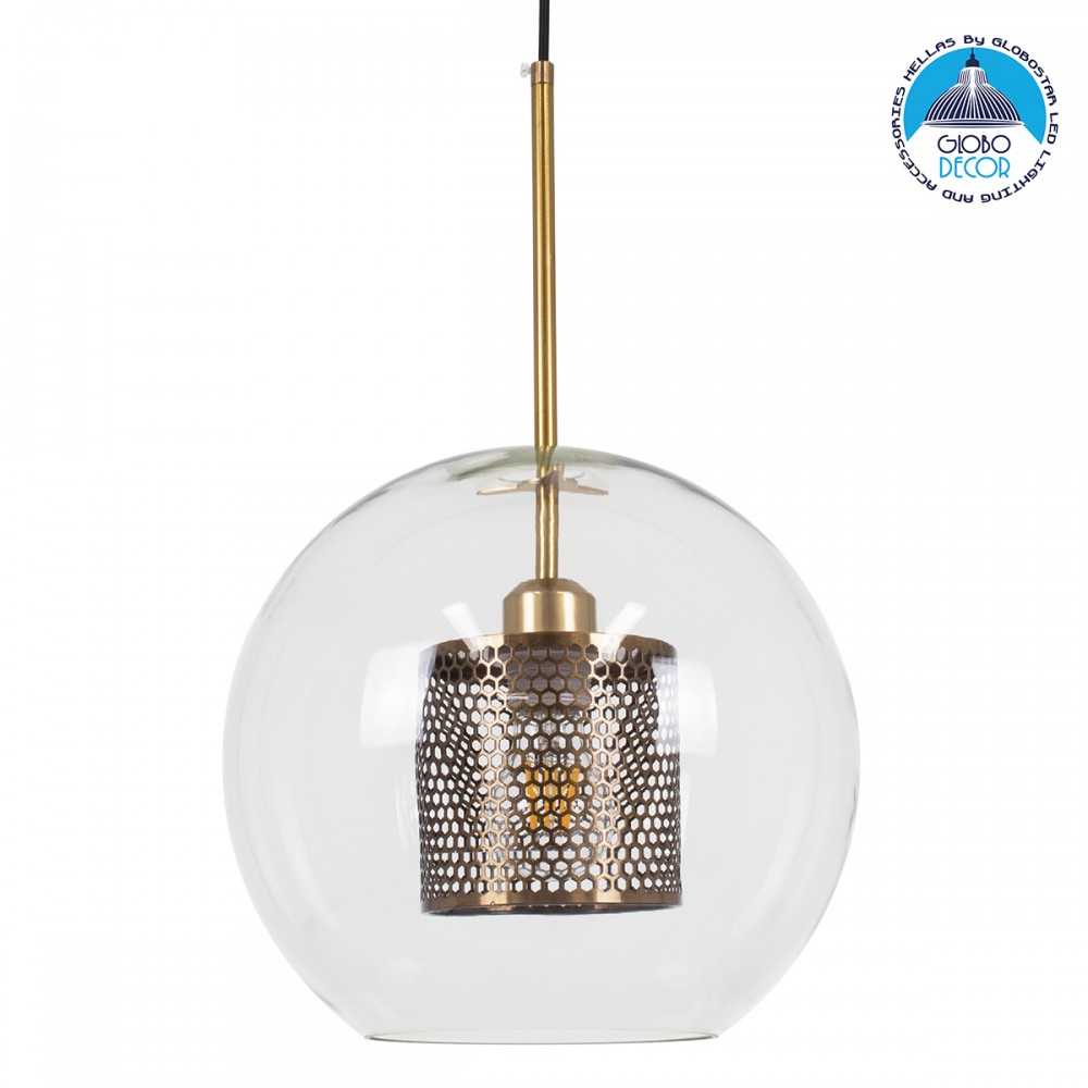 GLOBOSTAR® AVERY 00740 Μοντέρνο Κρεμαστό Φωτιστικό Οροφής με Ντουί 1 x E27 AC 220-240V IP20 - Διάφανο & Χρυσό - Μ30 x Π30 x Υ48cm