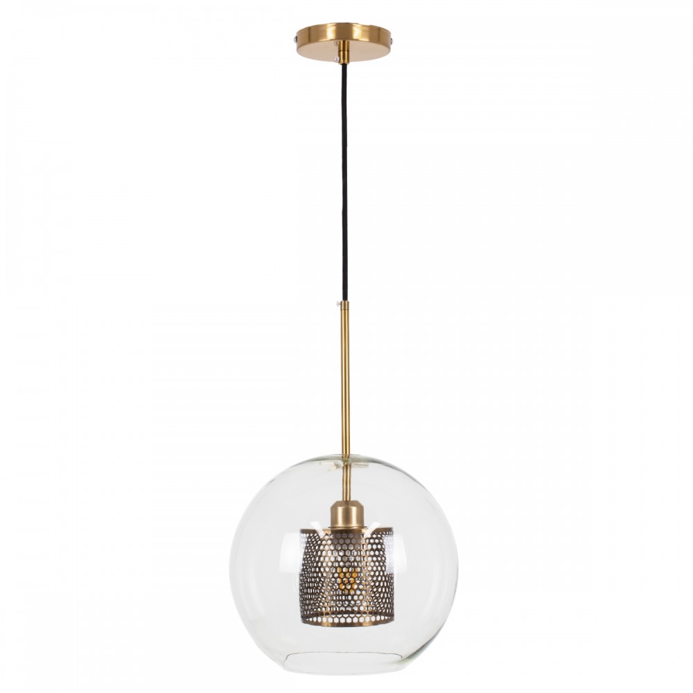GloboStar® AVERY 00740 Μοντέρνο Κρεμαστό Φωτιστικό Οροφής Μονόφωτο 1 x E27 Διάφανο Γυάλινο με Χρυσό Μεταλλικό Πλέγμα Φ30 x Υ48cm