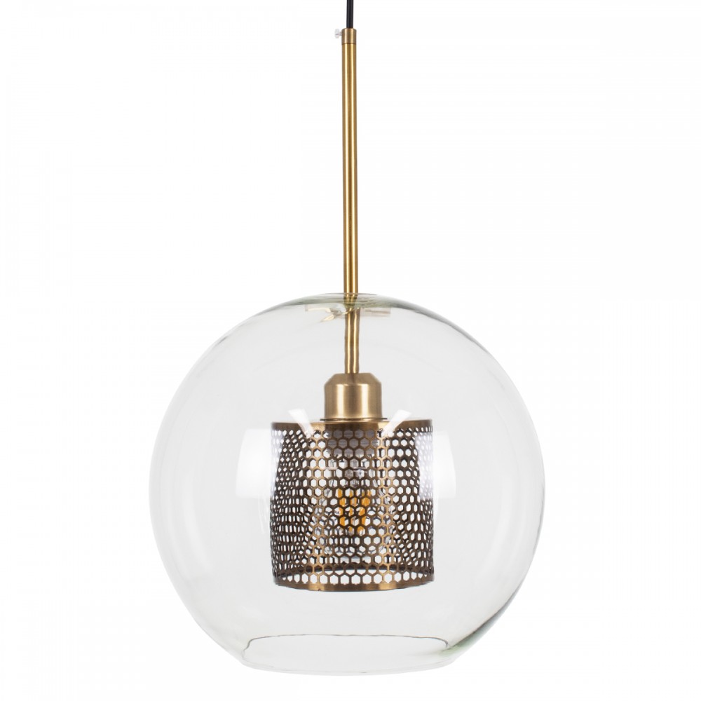 GloboStar® AVERY 00740 Μοντέρνο Κρεμαστό Φωτιστικό Οροφής Μονόφωτο 1 x E27 Διάφανο Γυάλινο με Χρυσό Μεταλλικό Πλέγμα Φ30 x Υ48cm
