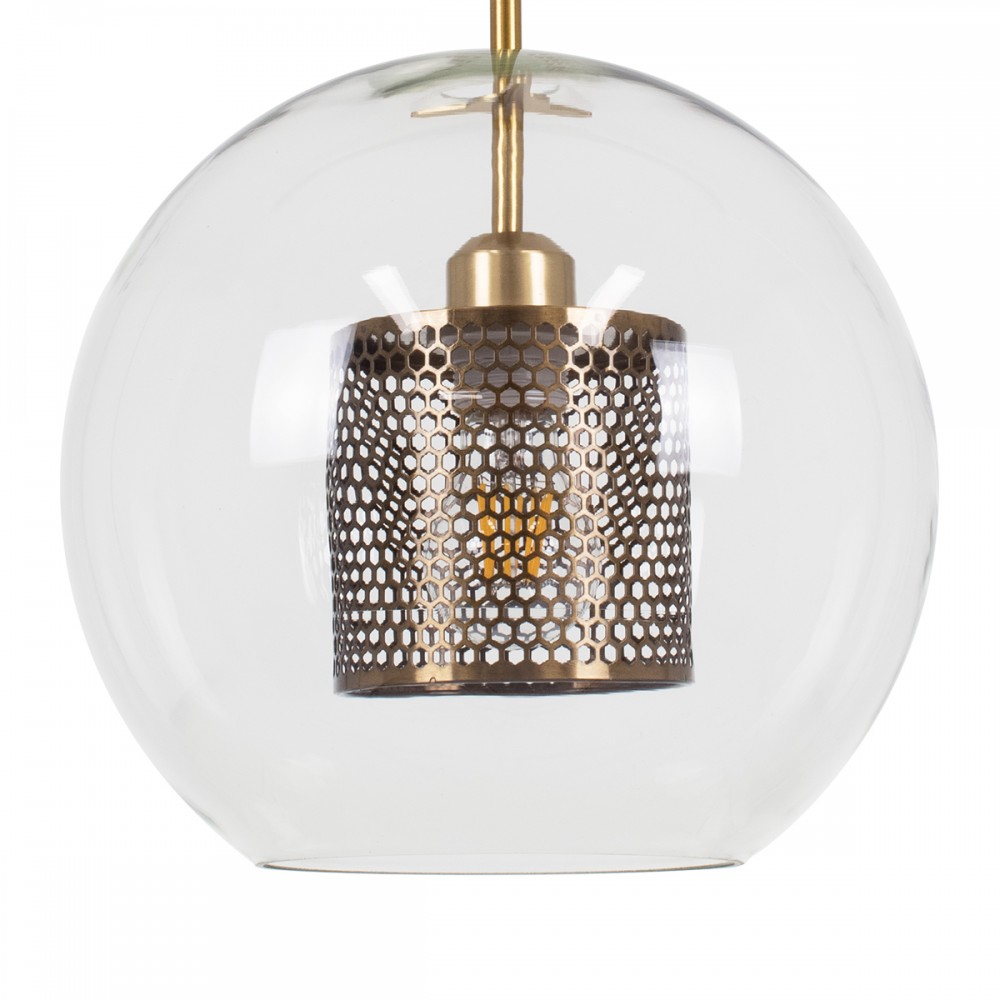 GloboStar® AVERY 00740 Μοντέρνο Κρεμαστό Φωτιστικό Οροφής Μονόφωτο 1 x E27 Διάφανο Γυάλινο με Χρυσό Μεταλλικό Πλέγμα Φ30 x Υ48cm