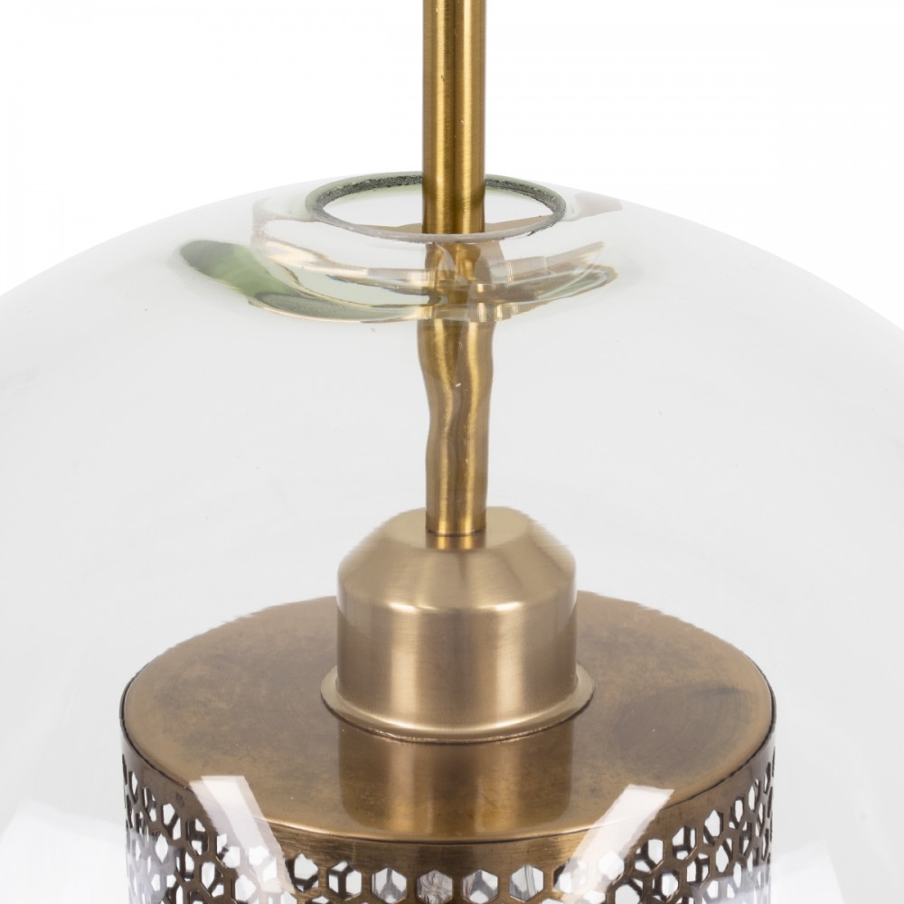 GloboStar® AVERY 00740 Μοντέρνο Κρεμαστό Φωτιστικό Οροφής Μονόφωτο 1 x E27 Διάφανο Γυάλινο με Χρυσό Μεταλλικό Πλέγμα Φ30 x Υ48cm