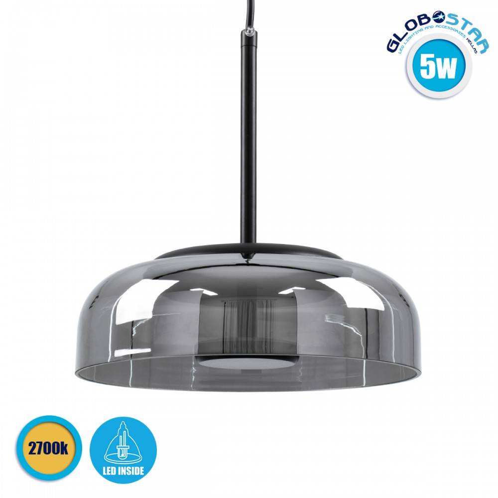 GloboStar® CHARLOTTE 00743 Μοντέρνο Κρεμαστό Φωτιστικό Καμπάνα CREE LED 5W 500lm 180° AC 85-265V IP20 Θερμό Λευκό 2700K Ασημί Γυαλί με Μαύρο Μέταλλο Μ23 x Π23 x Υ23cm - 2 Xρόνια Εγγύηση