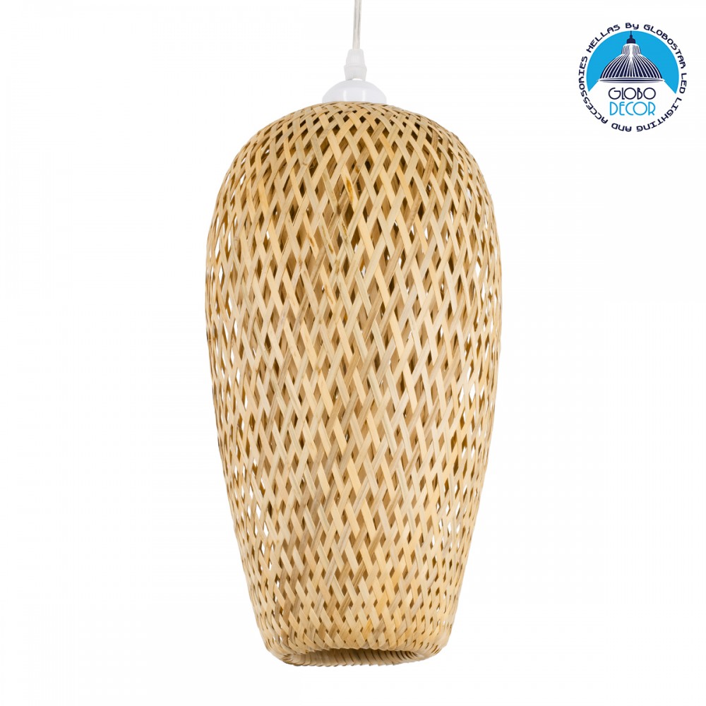 GloboStar® SAN TROPEZ 00764 Boho Κρεμαστό Φωτιστικό Ανάρτηση Μονόφωτο 1 x E27 IP20 Μπεζ Ξύλο - Μ19 x Π19 x Υ42cm