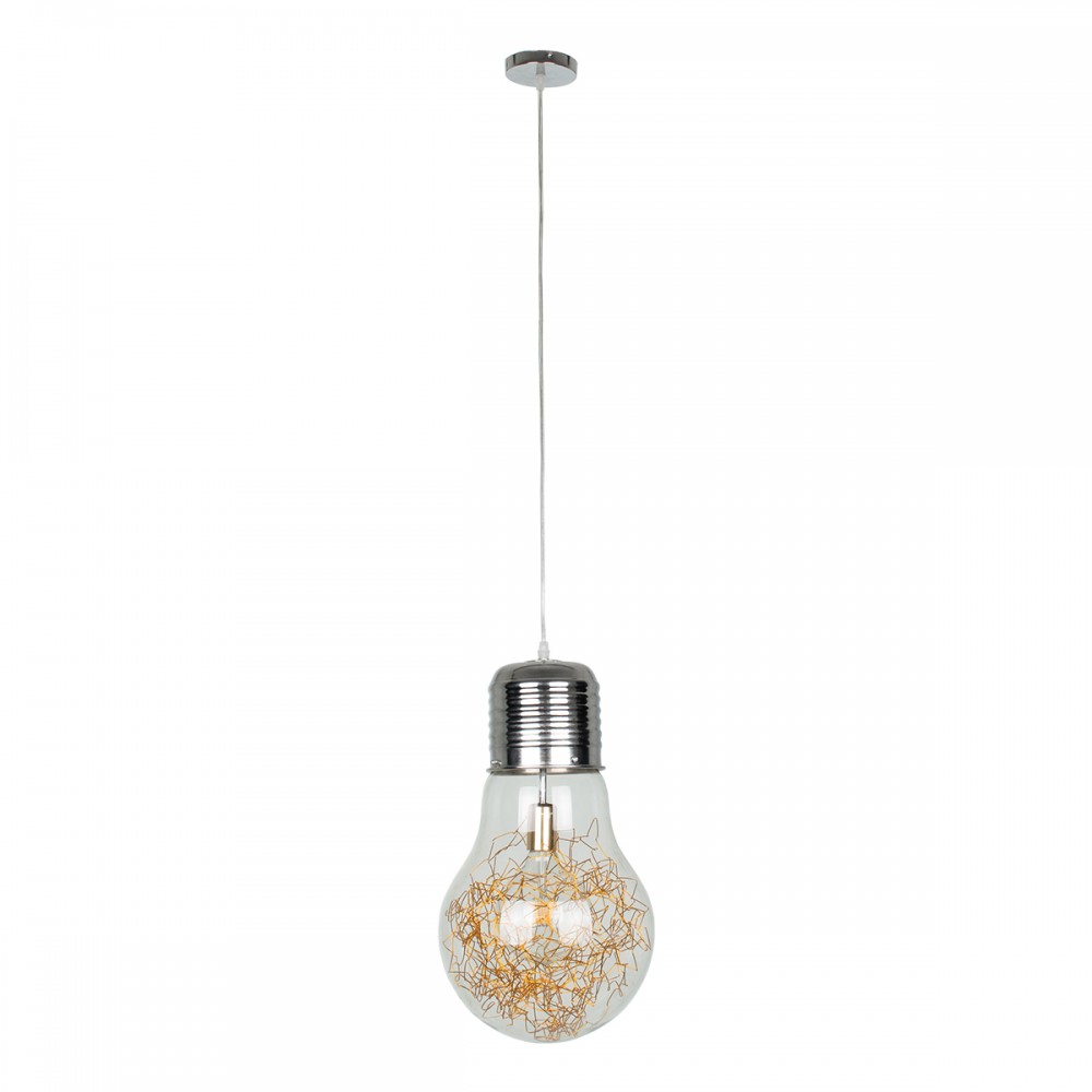 GloboStar® LAMP 00808 Μοντέρνο Κρεμαστό Φωτιστικό Οροφής Μονόφωτο 1 x E27 Ασημί Νίκελ Βάση και Χρυσό Ντουί Μεταλλικό Διάφανο Γυαλί Φ30 x Υ52cm
