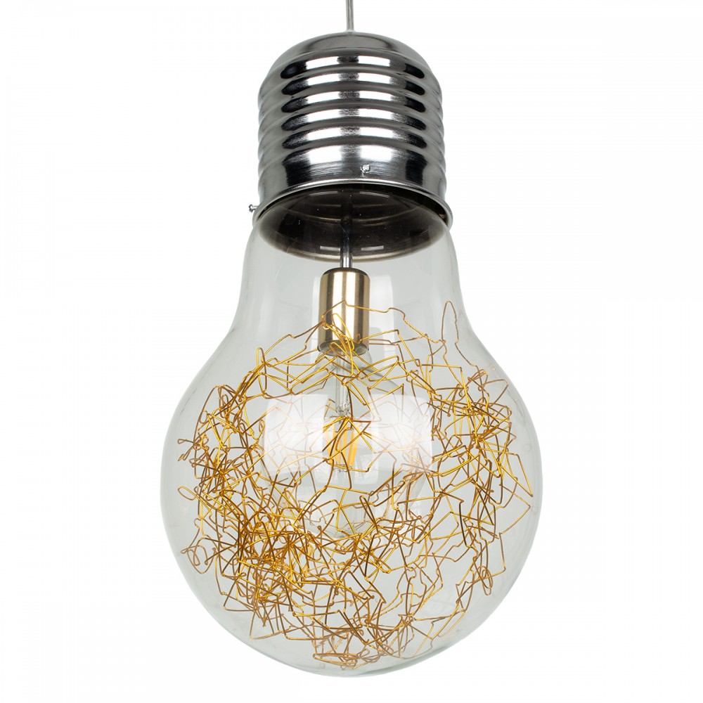 GloboStar® LAMP 00808 Μοντέρνο Κρεμαστό Φωτιστικό Οροφής Μονόφωτο 1 x E27 Ασημί Νίκελ Βάση και Χρυσό Ντουί Μεταλλικό Διάφανο Γυαλί Φ30 x Υ52cm