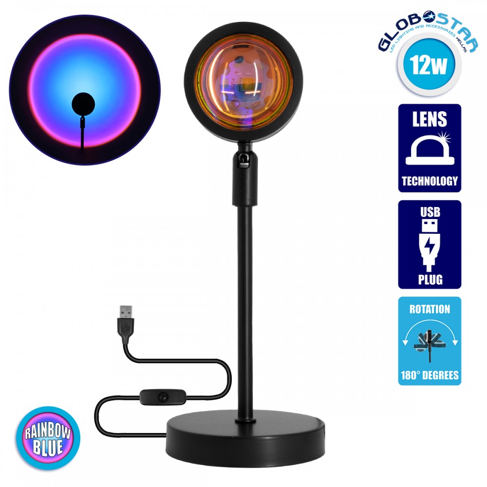 GloboStar® 00812 Επιτραπέζιο Φωτιστικό Πορτατίφ LED 12W -lm 180° DC 5V IP20 Μπλε - Μωβ - Ροζ RAINBOW EFFECT Μαύρο Μέταλλο με Διάφανο Πλαστικό - Μ10 x Π10 x Υ26.5cm - 2 Xρόνια Εγγύηση
