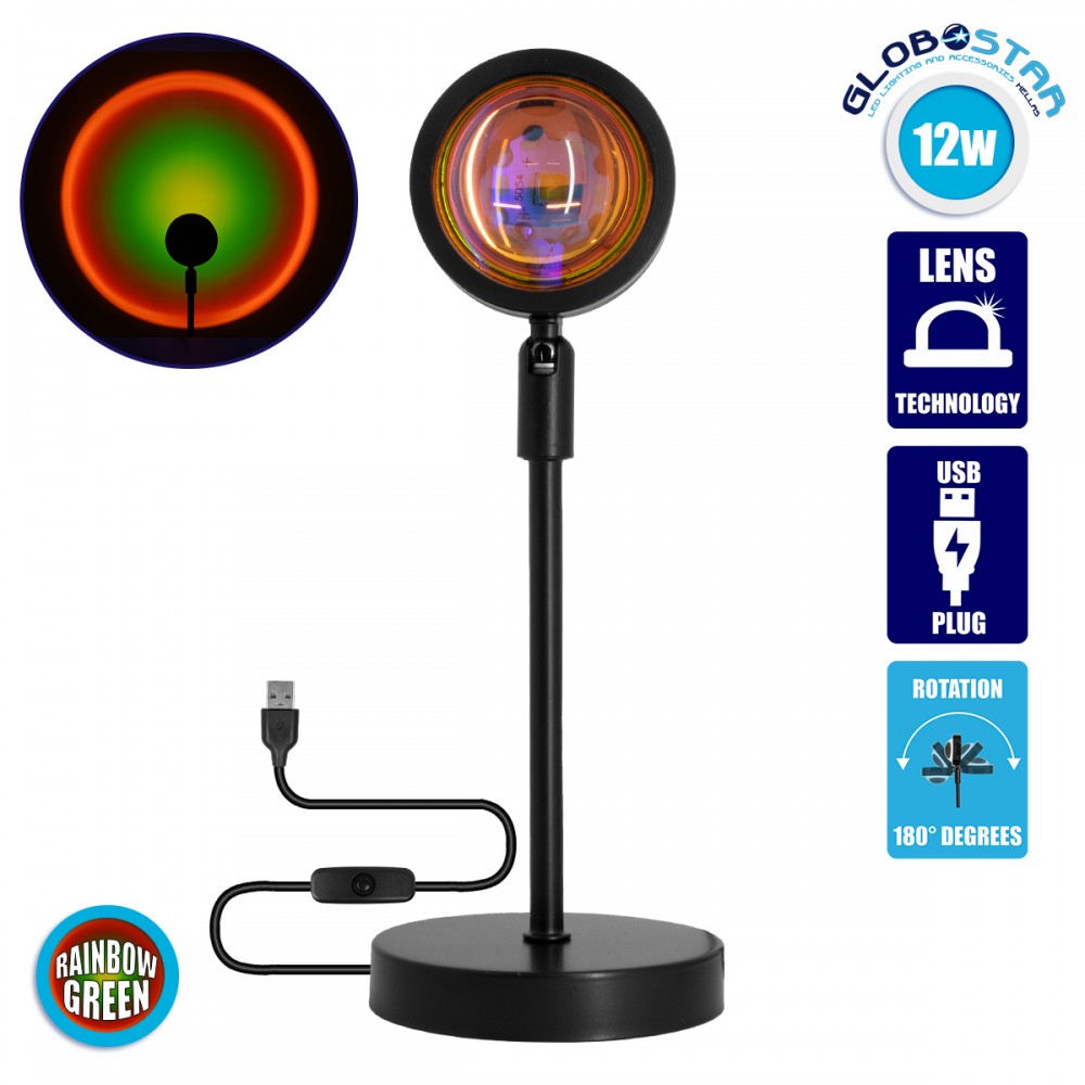 GloboStar® 00816 Επιτραπέζιο Φωτιστικό Πορτατίφ LED 12W -lm 180° DC 5V IP20 Κίτρινο - Πράσινο - Κόκκινο - Πορτοκαλί RAINBOW EFFECT Μαύρο Μέταλλο με Διάφανο Πλαστικό - Μ10 x Π10 x Υ26.5cm - 2 Xρόνια Εγγύηση