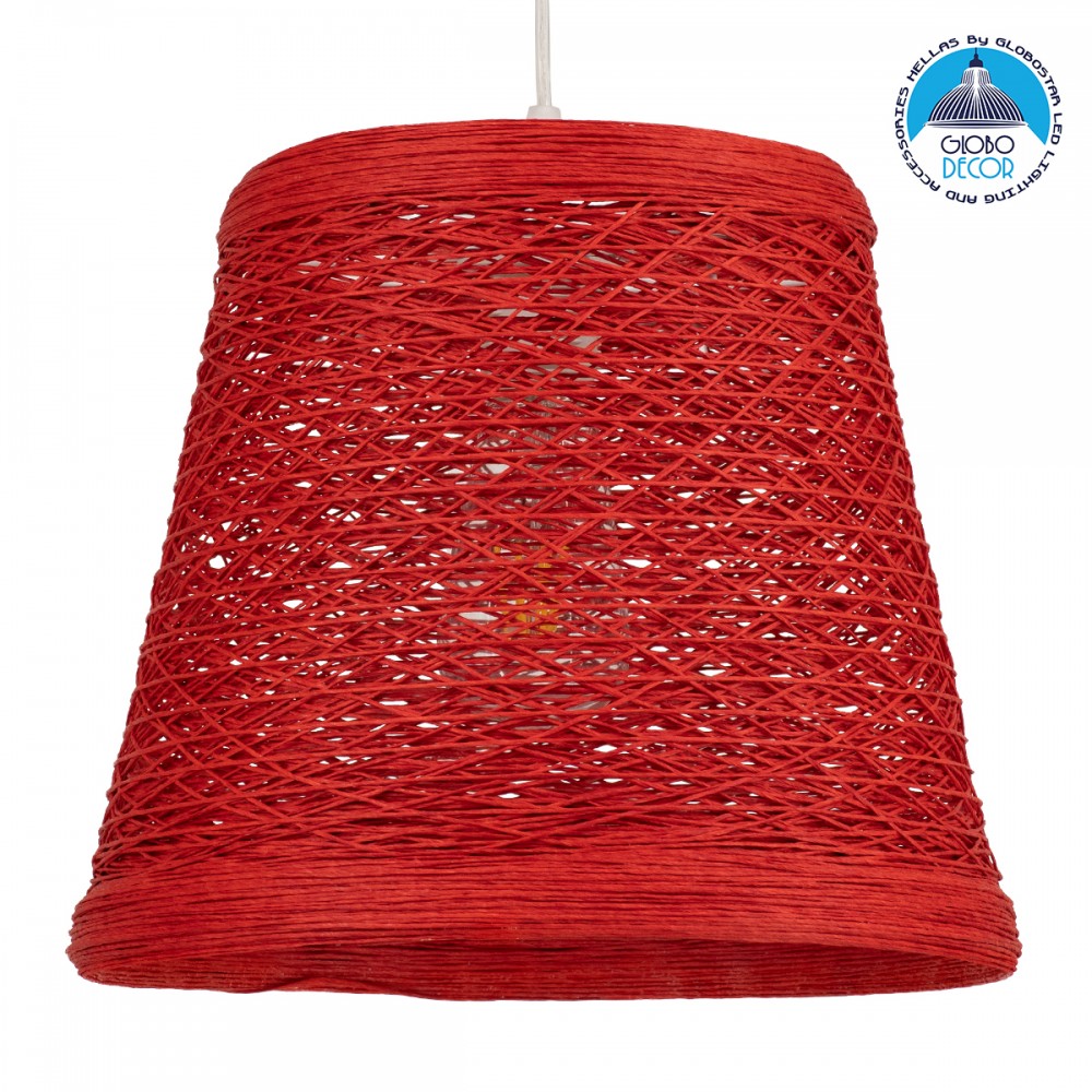 GloboStar® PLAYROOM 00863 Vintage Κρεμαστό Φωτιστικό Καμπάνα Μονόφωτο 1 x E27 IP20 Κόκκινο Rattan - Μ32 x Π32 x Υ27cm