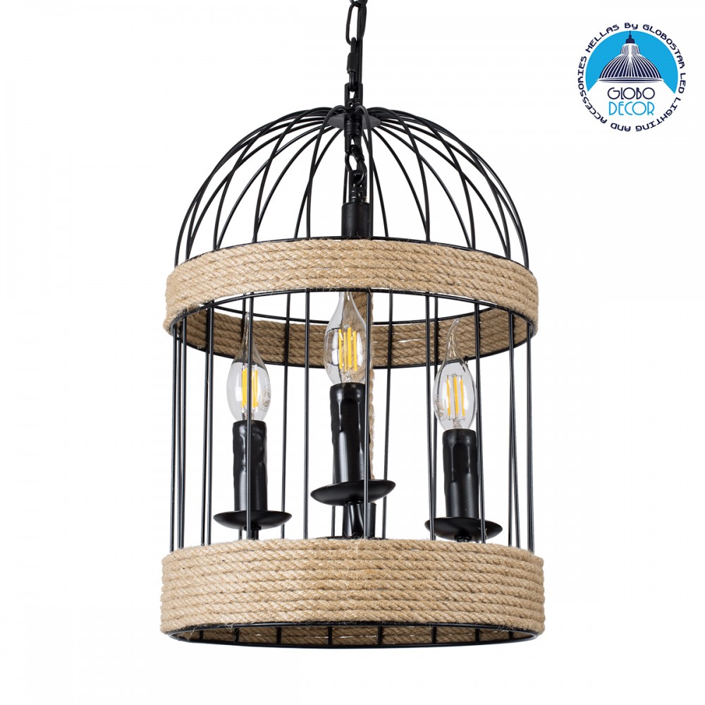 GloboStar® MERLIN 00865 Vintage Κρεμαστό Φωτιστικό Πλέγμα Τρίφωτο 3 x E14 IP20 Μαύρο Μέταλλο με Μπεζ Σχοινί - Μ28 x Π28 x Υ40cm